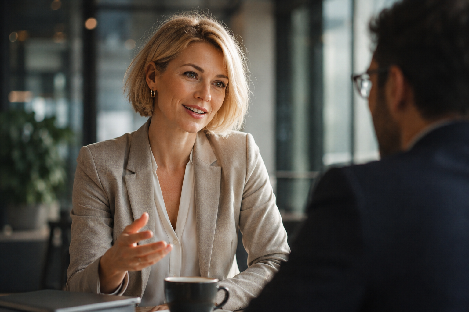 Professional woman speaking comfortably in a modern workplace conversation